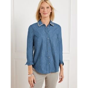 Talbots Embellished Collar Denim Button Front Shirt - Size Medium
